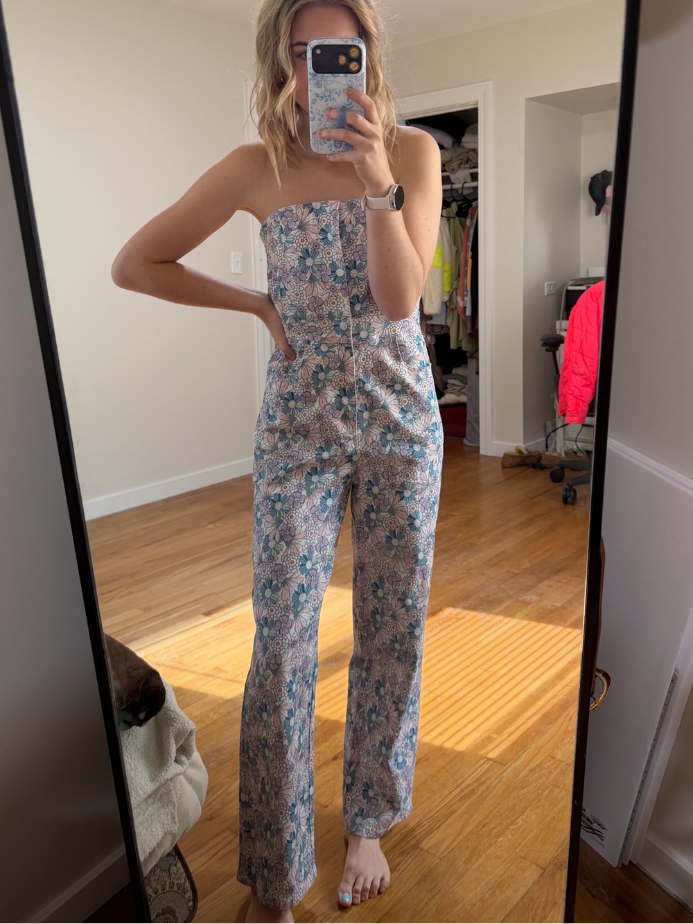 Strapless Floral Wide-Leg Jumpsuit in Blue